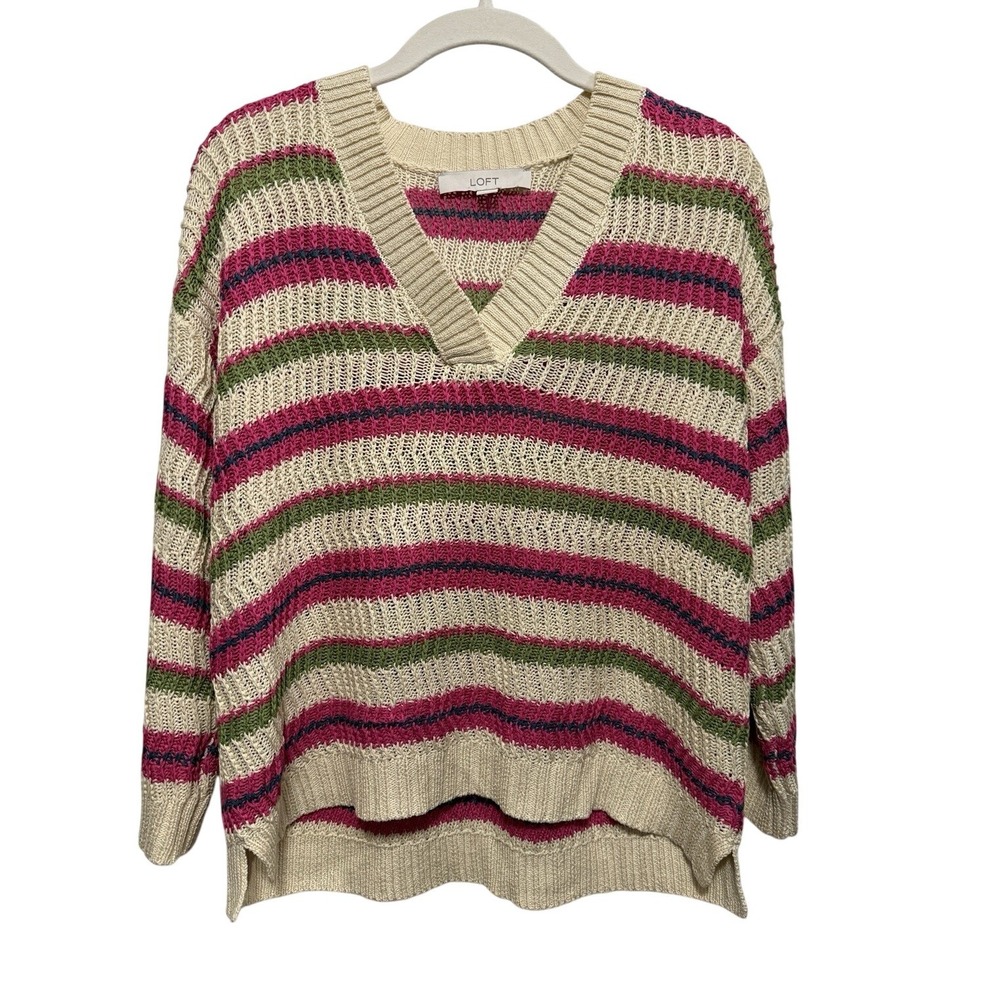LOFT Women S Striped V Neck Open Knit Sweater Cream Pink Green Lightweight Top S